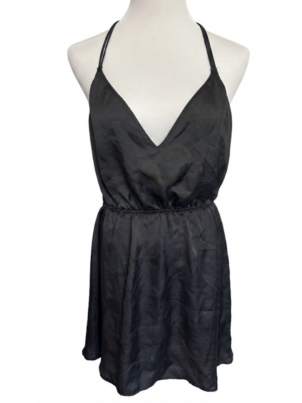 Victoria's Secret Black Satin Chemise Lingerie Dress Strappy Open Back Size L/G
